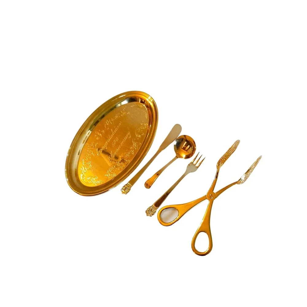 Vtg 50th Anniversary Gorham Gold Serving Set, 5-Piece Gold Plated Tray Utensils